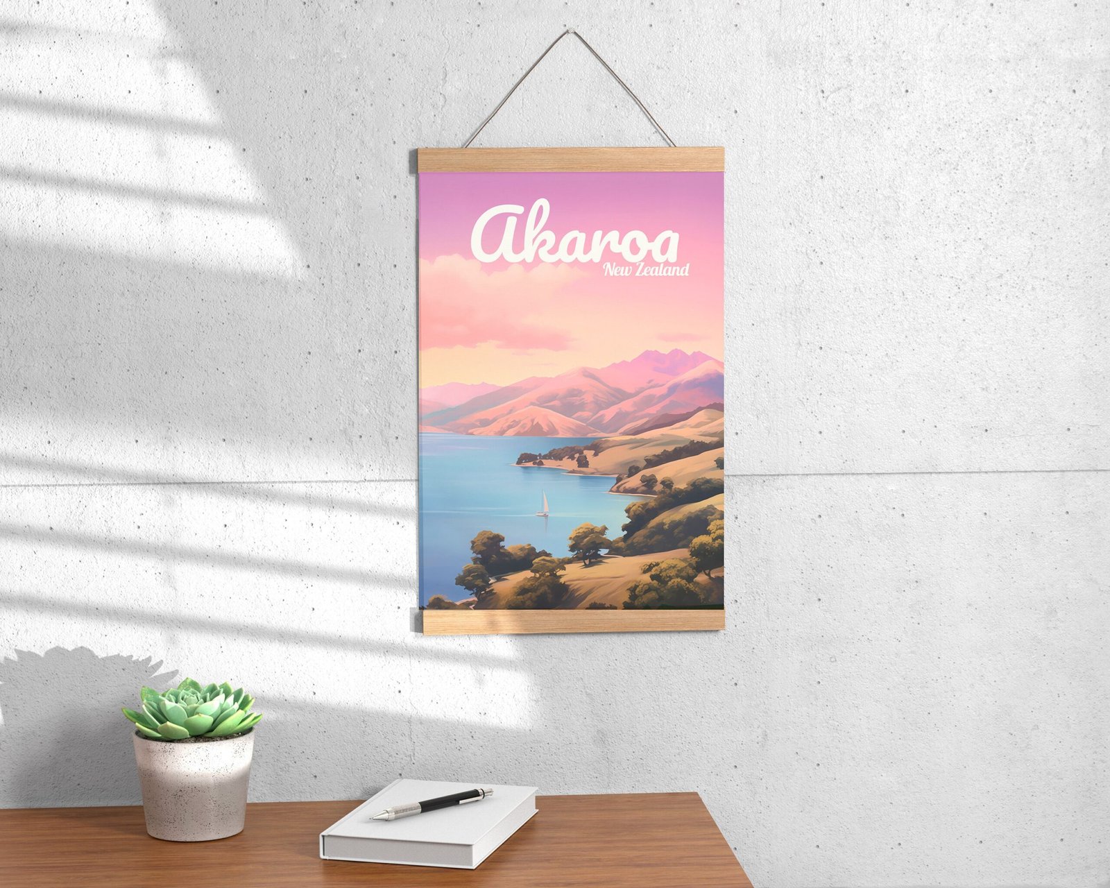 Poster Akaroa print Canterbury New Zealand Travel Poster Coastal Scenic Art Print Adventure NZ Wall Decor Nature Gifts hike village