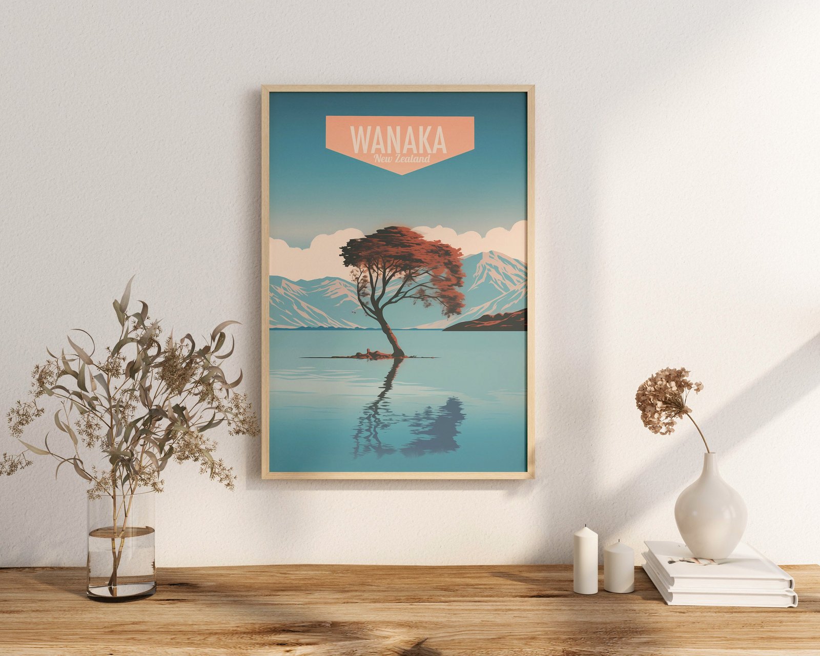 Poster Wanaka Tree print Otago New Zealand Travel Poster Scenic Lake Views Art Print Nature Wall Decor Adventure Gifts