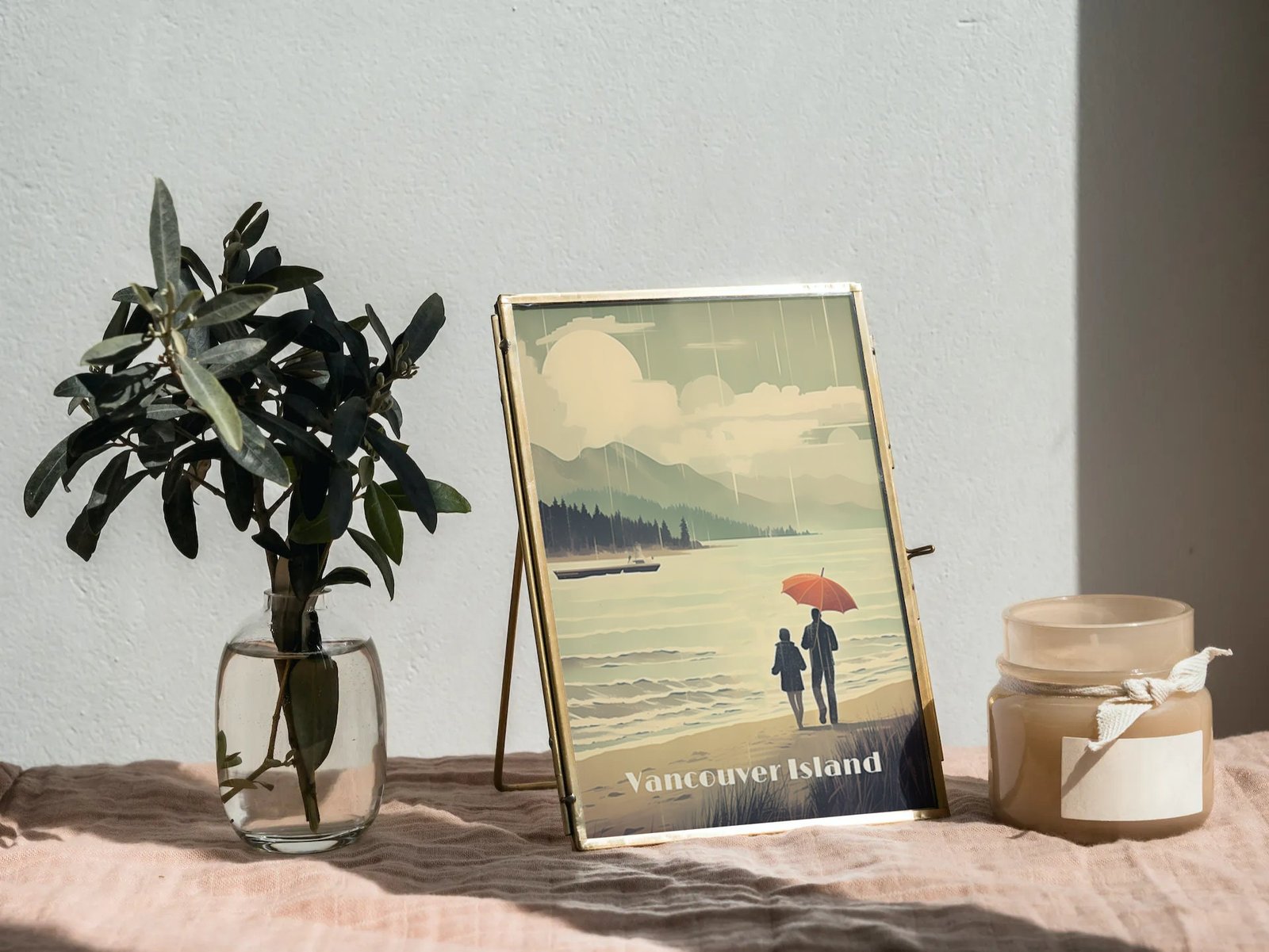 Print Vancouver Island Poster British Columbia Poster Rain and Umbrella Wall Decor Beach Strait View Art Print Canada